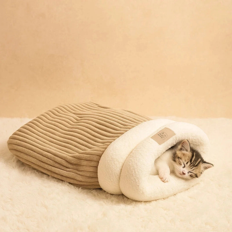 Chat allongé dans un sac de couchage douillet pour chat beige