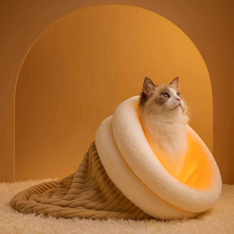 Chat détendu dans un sac de couchage chaud pour chat