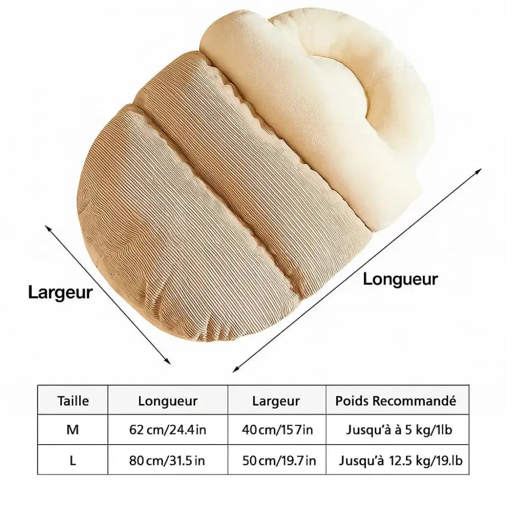 Tableau des dimensions d’un sac de couchage pour chat disponible en plusieurs tailles, tissu résistant.