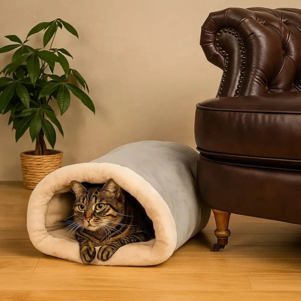 Tunnels de couchage pour chat en gris et marron, lits doux et respirants.