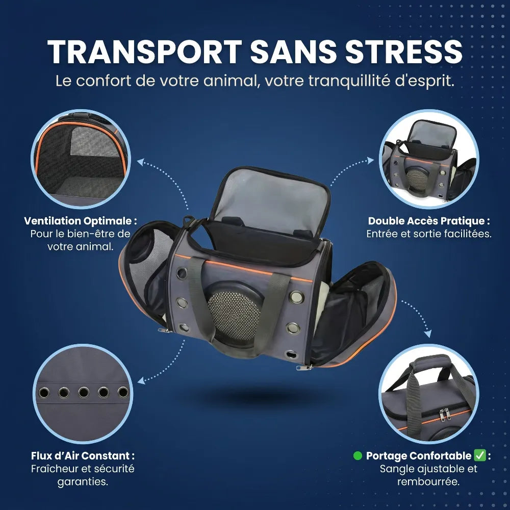 Présentation des ouvertures zippées pratiques, du tapis de fond amovible et des filets d'aération du sac de voyage pour chat.