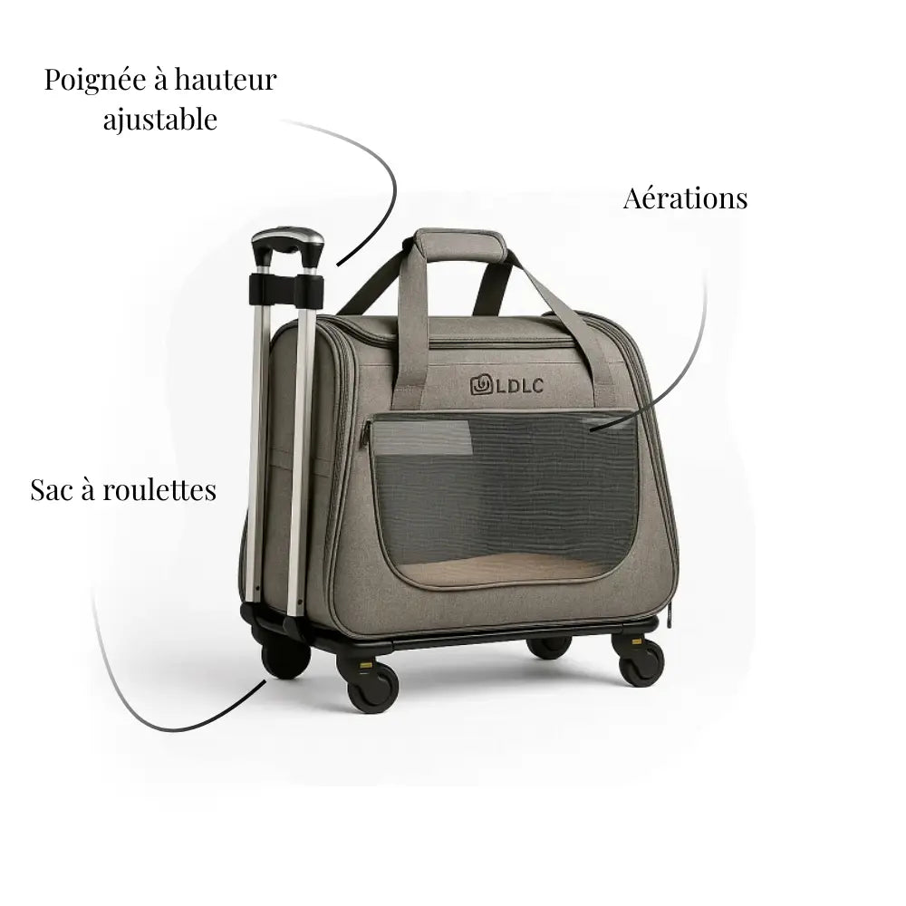Grand sac de transport pour chat XXL avec roulettes, poignée réglable et système d’aération intégré.