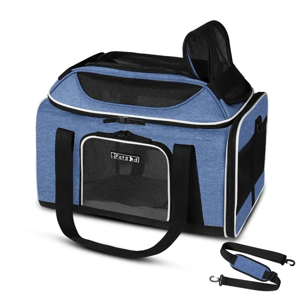 Sac de transport XXL bleu pour chat, pliable et ventilé, idéal pour voyages et trajets longs.