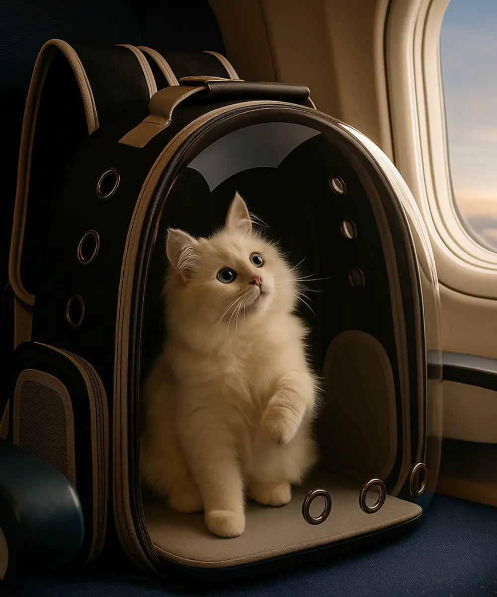 Chat assis dans un sac de transport ventilé à coque rigide, placé sur un siège d’avion.