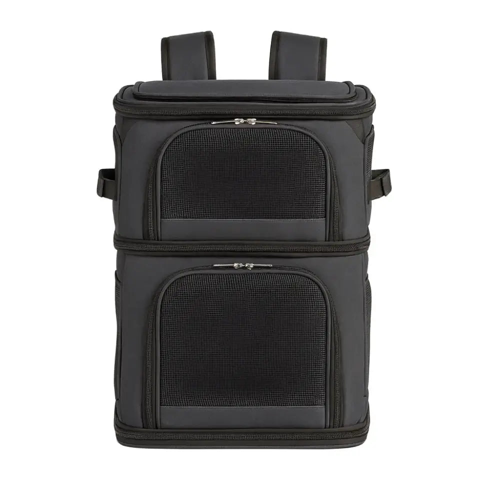 Sac de transport pour deux chats avec compartiments superposés, design respirant et structure solide pour voyager confortablement.