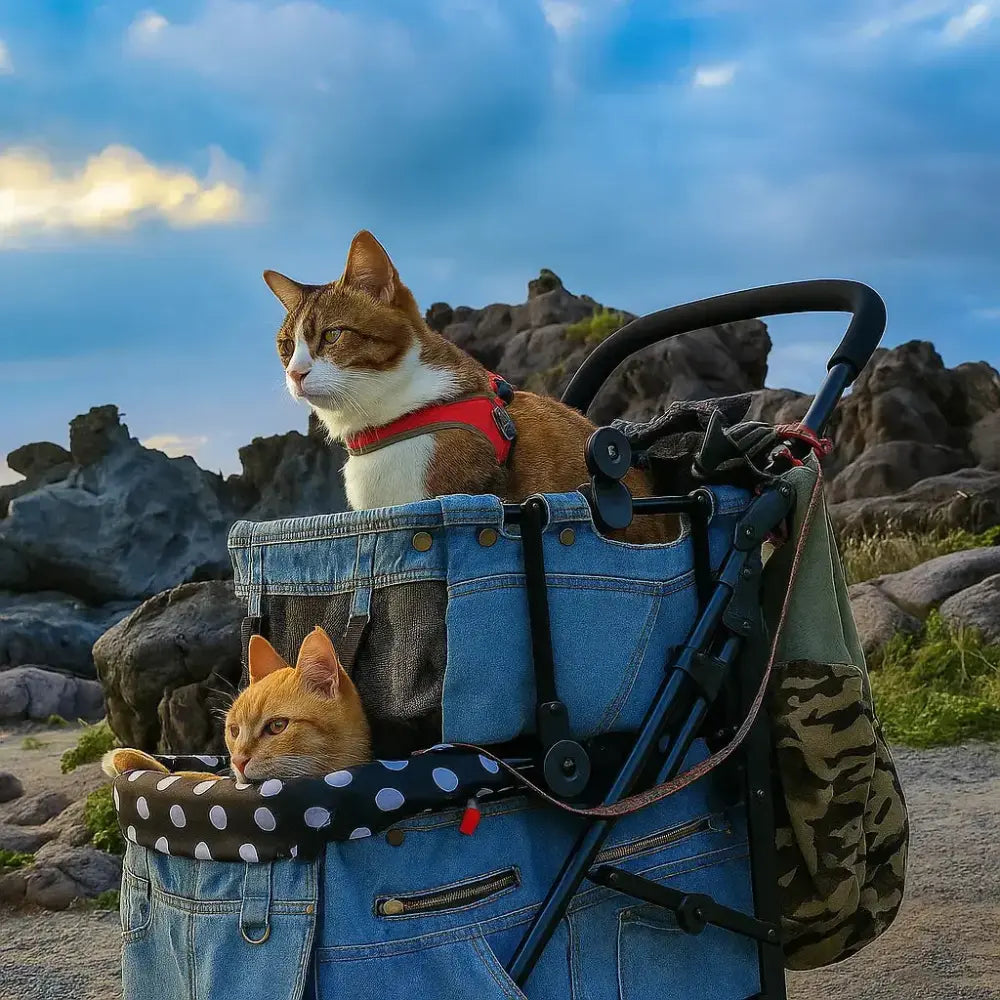 Deux chats confortablement installés dans une poussette de transport sur un sentier rocheux, par temps clair.