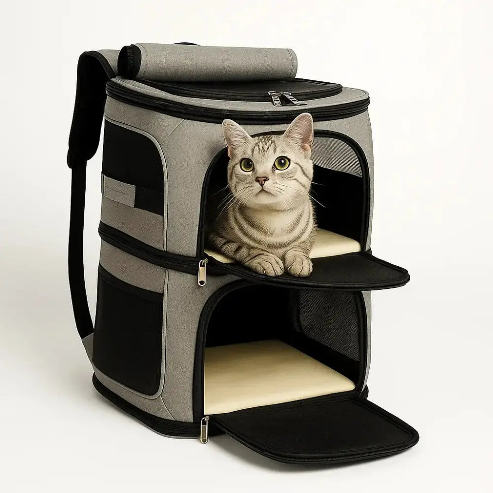 Sac de transport pour deux chats avec double compartiment et coussin confortable.