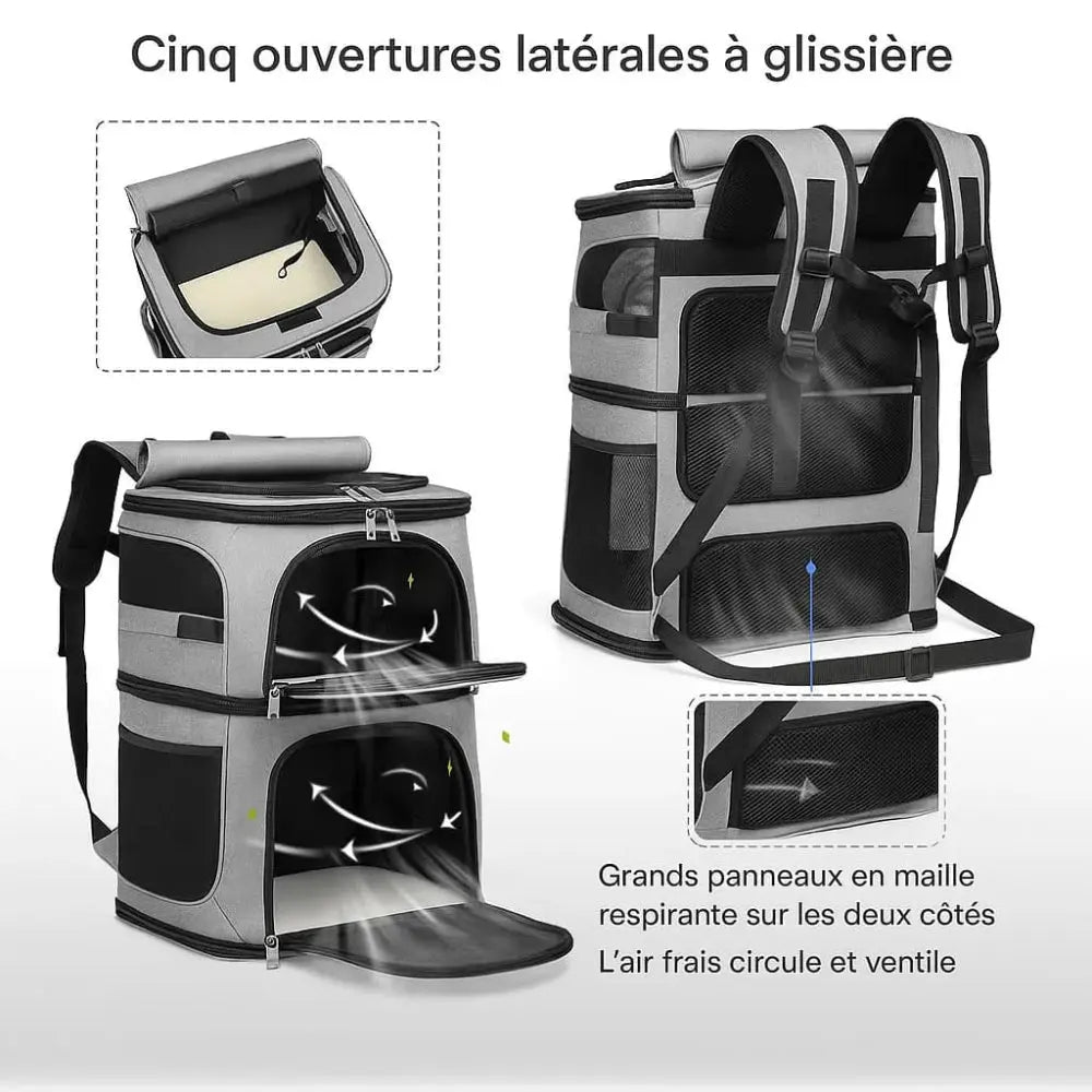 Sac pour transporter deux chats avec ouvertures latérales pratiques.