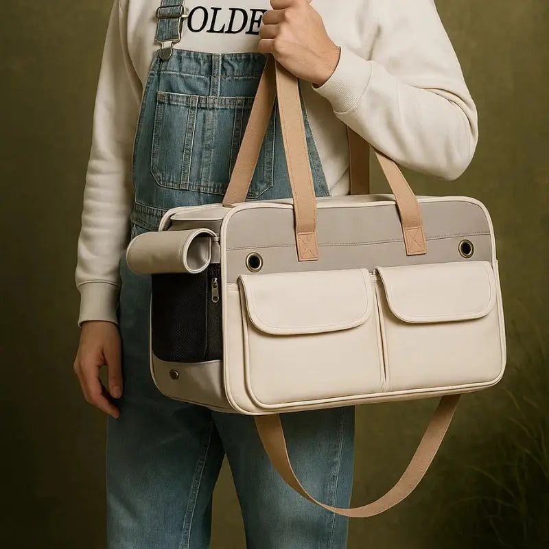 Sac de transport beige pour chat avec poches, porté à la main