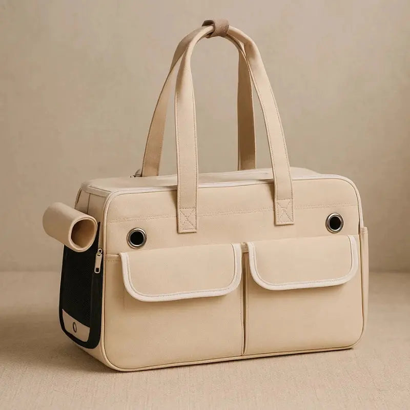 Sac bandoulière beige pour chat, design avec poches de rangement