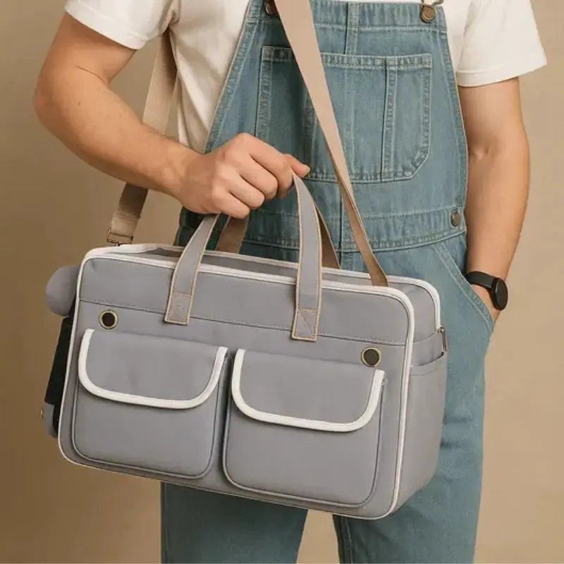 Sac de transport gris en bandoulière pour chat, pratique et léger