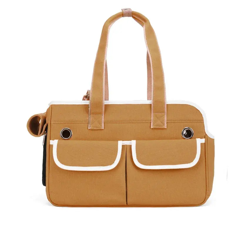 Sac de transport marron pour chat avec poches latérales, pratique au quotidien