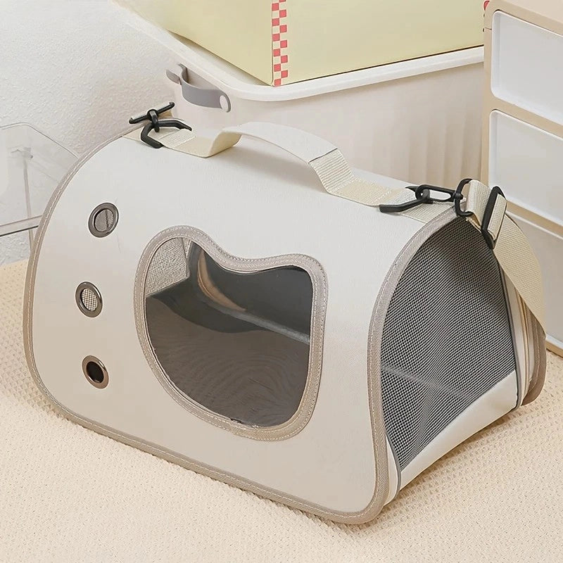 Sac de transport pour chat beige aéré avec grande fenêtre en forme de tête de chat