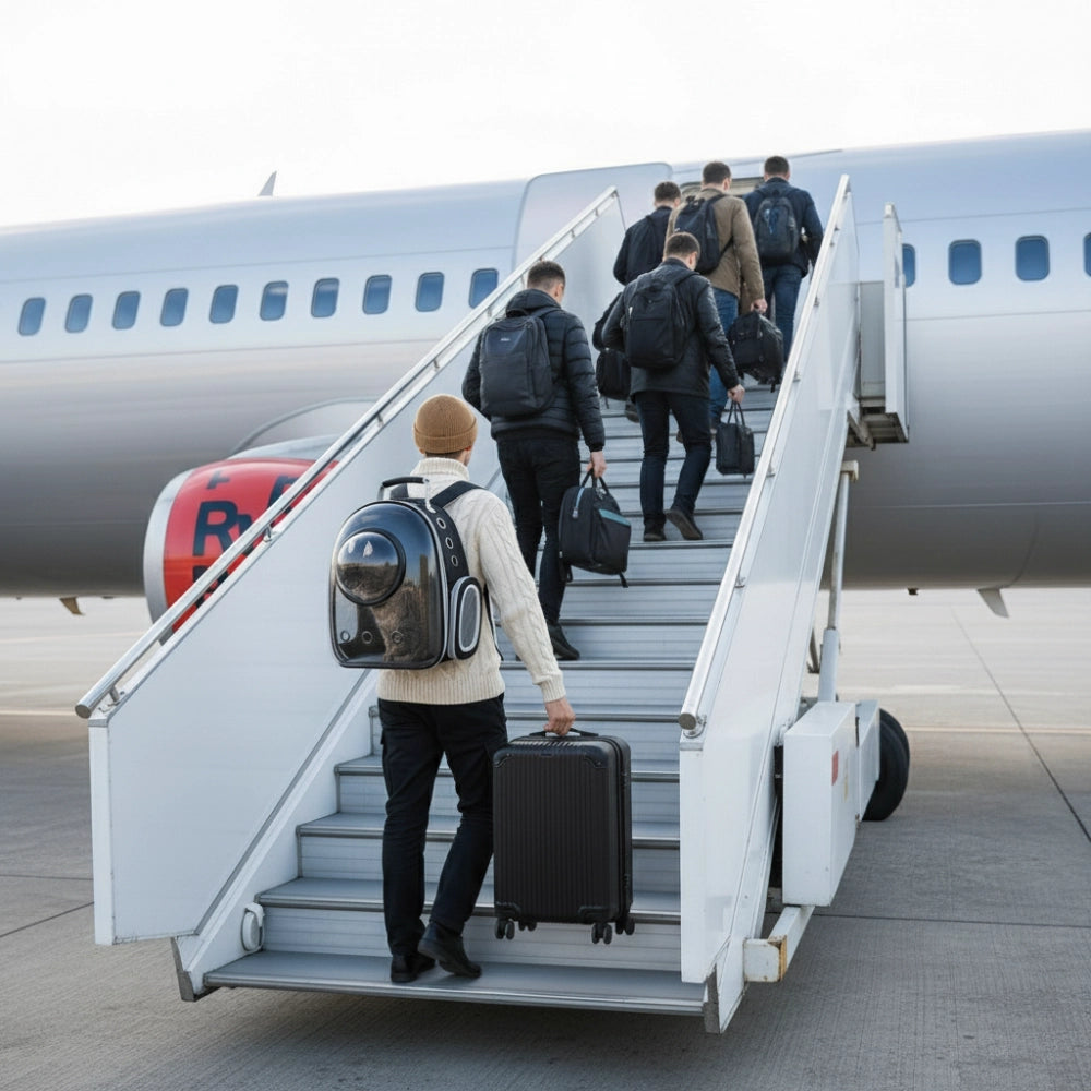 Homme montant dans un avion avec un sac à dos de transport pour chat doté d’une bulle transparente.