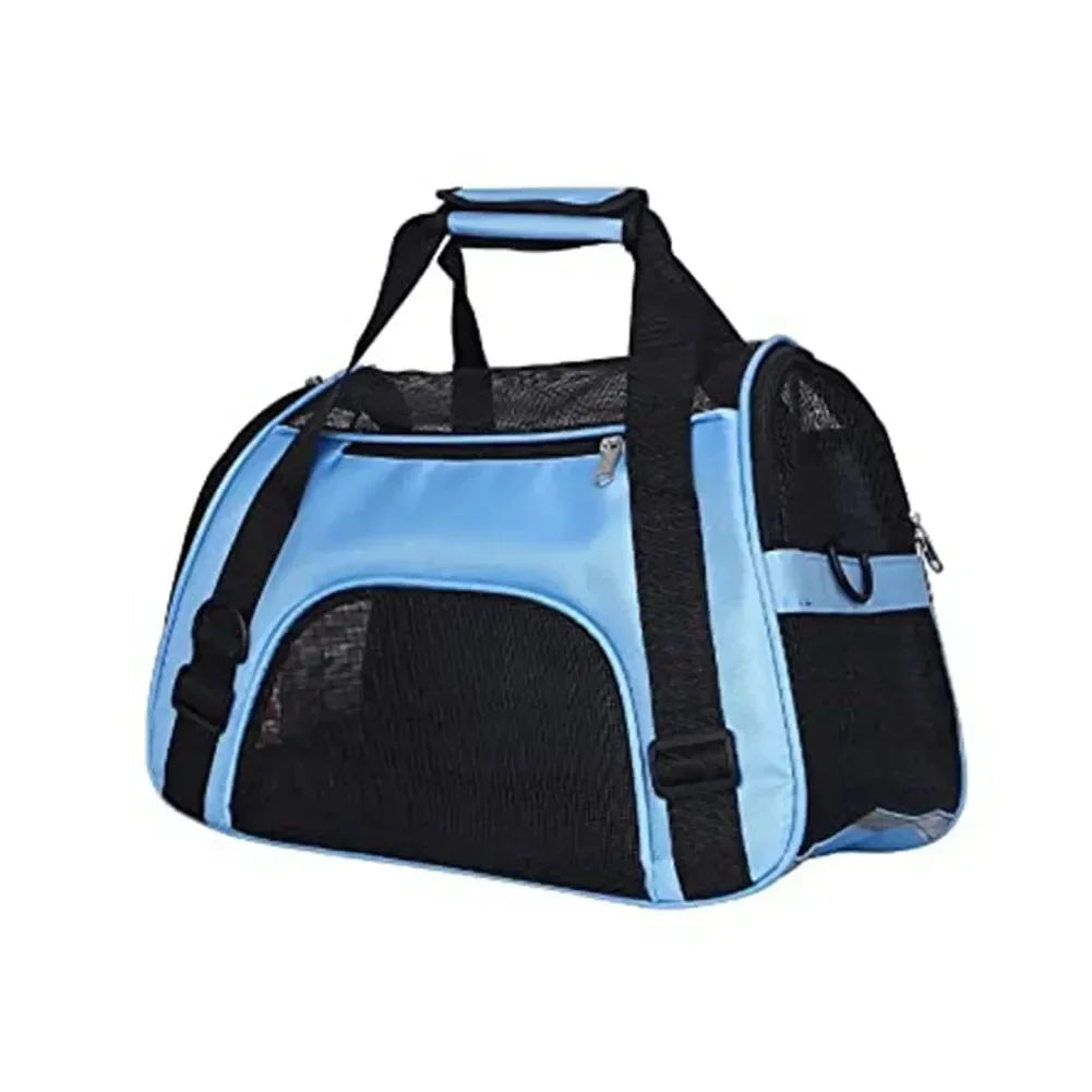 Vue de face du sac de transport bleu pour chat avec panneaux en maille