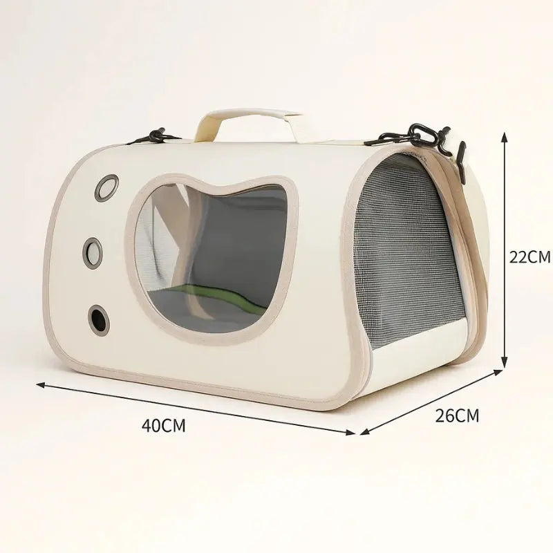Schéma du sac de transport pour chat beige avec dimensions 40 × 26 × 22 cm
