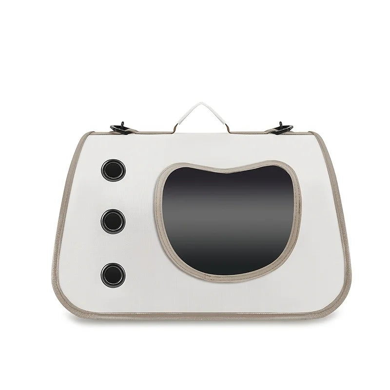 Sac pour chat beige, vue frontale avec fenêtre et œillets d’aération