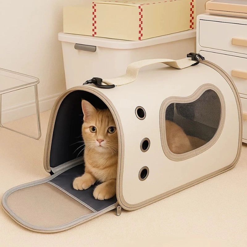 Sac pour chat beige avec tapis déplié, chat entrant dans le sac