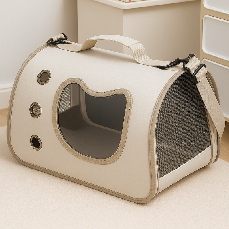 Vue de côté du sac pour chat beige avec maille respirante et fenêtre frontale