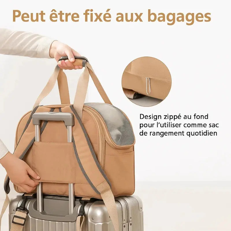 Sac de transport pour chat fixé sur une valise grâce à la sangle arrière