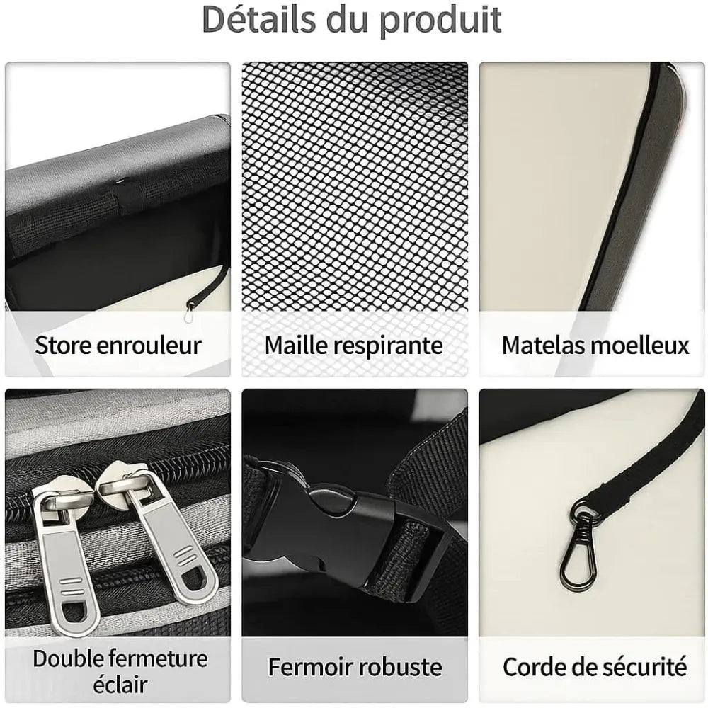 Détails du sac de transport pour deux chats, compartiments et poches de rangement.