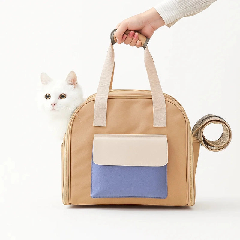 Sac de transport pour chat beige extensible avec poignée, chat visible