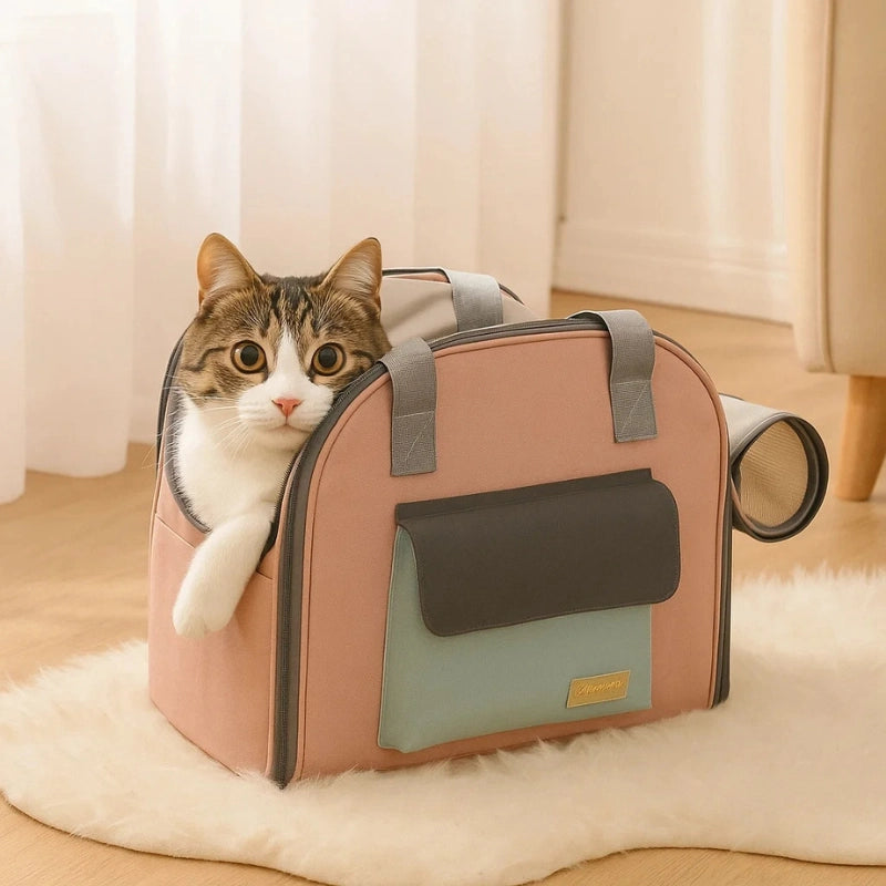 Chat installé dans un sac de transport extensible rose et vert, fenêtre aérée