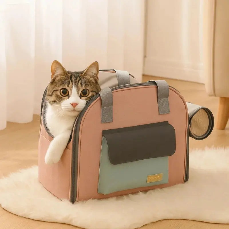 Chat installé dans un sac de transport extensible rose et vert, fenêtre aérée