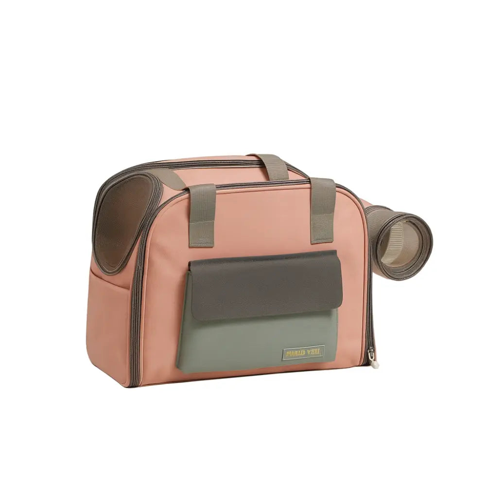 Sac de transport pour chat rose et gris, extensible et respirant, avec poche avant pratique et ouvertures latérales en maille.