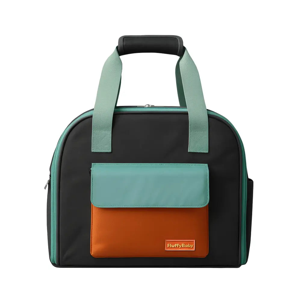 Sac de transport pour chat vert et orange, design moderne et résistant, avec poignée rembourrée et poche avant pratique.