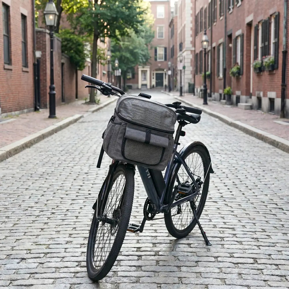 Sac de transport gris pour chat solidement attaché au guidon d'un vélo stationné dans une rue pavée.
