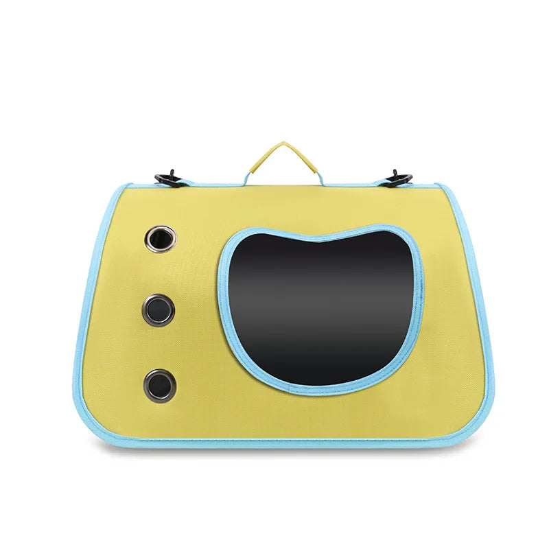 Sac pour chat jaune avec grande fenêtre noire et aérations latérales
