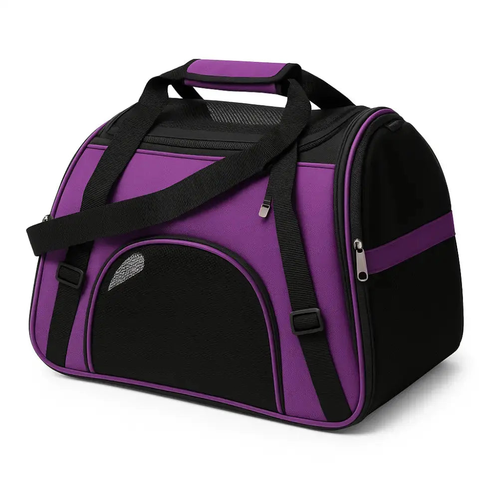 Sac de transport pliable et respirant pour chat, couleur violet et noir, avec bandoulière réglable et aérations latérales.