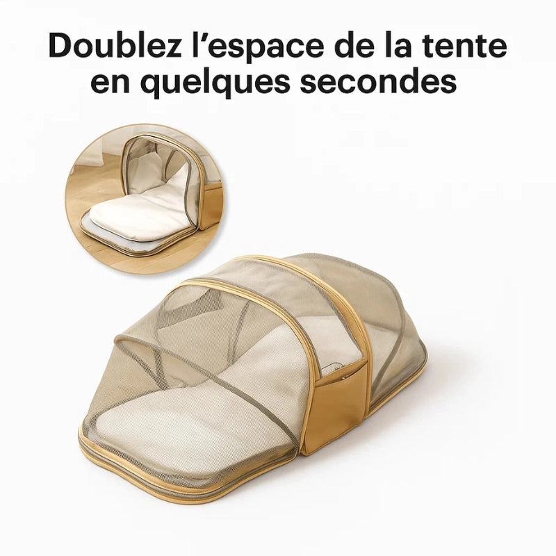 Sac pour chat avec tente extensible déployée pour doubler l’espace