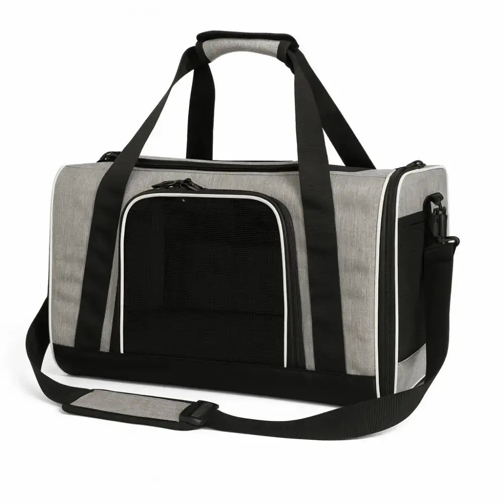 Sac de transport pour chat gris et noir avec triple ouverture, léger et respirant, idéal pour les voyages et les visites vétérinaires.