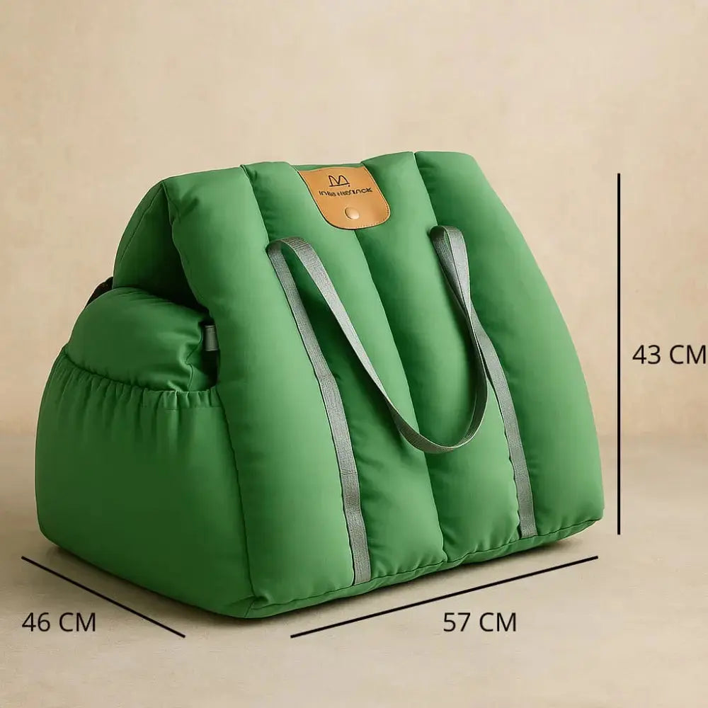 Sac vert confortable pour chat, adapté au transport quotidien et aux voyages.