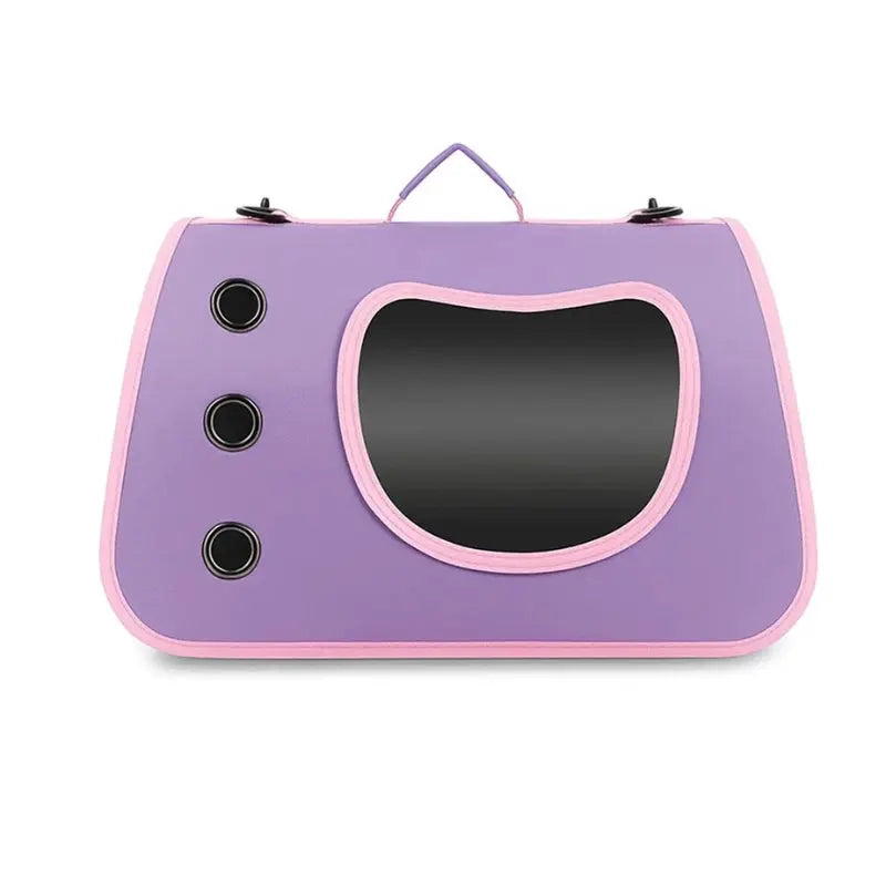 Sac pour chat violet, vue frontale en studio