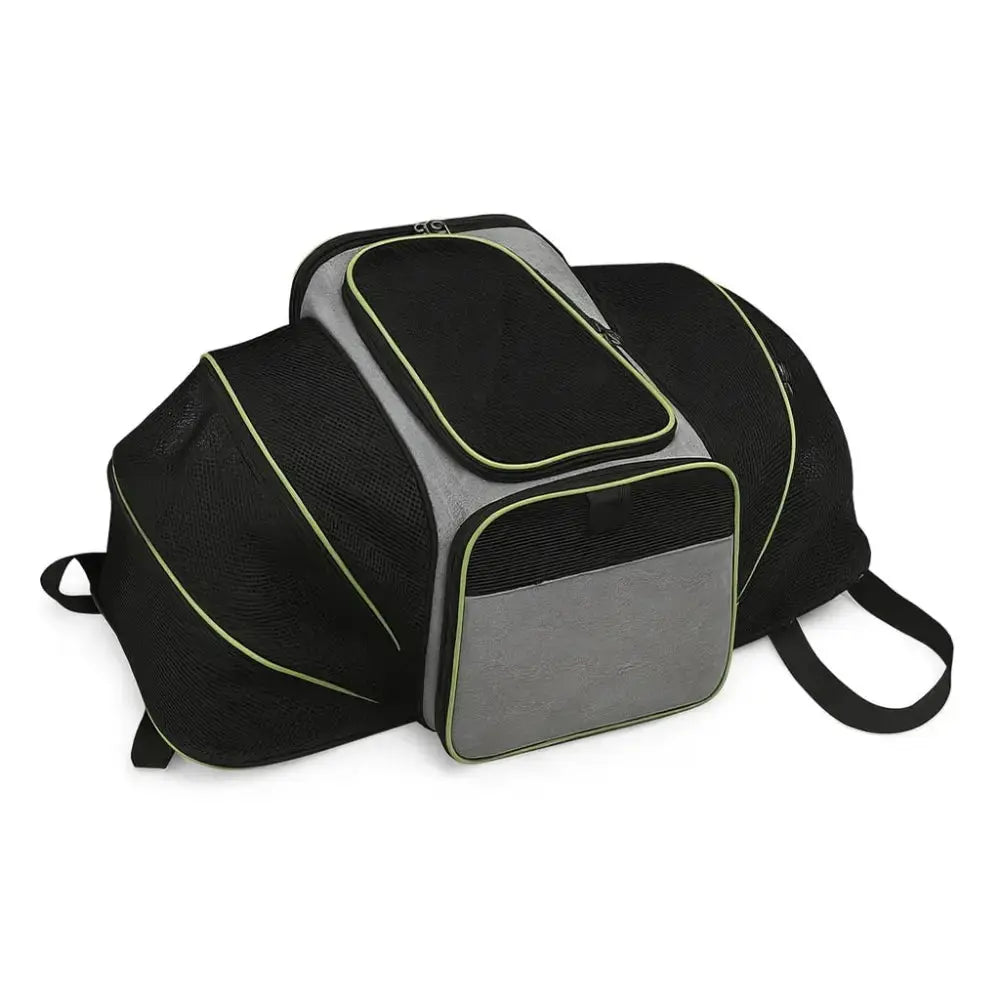 Sac de transport pour chat XXL gris et noir avec 4 ou 2 extensions latérales, finitions vertes et maille respirante.