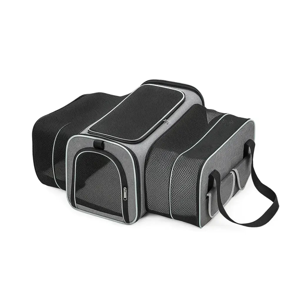 Sac de transport pour chat XXL gris et noir avec 4 ou 2 extensions latérales, maille respirante et design pliable.