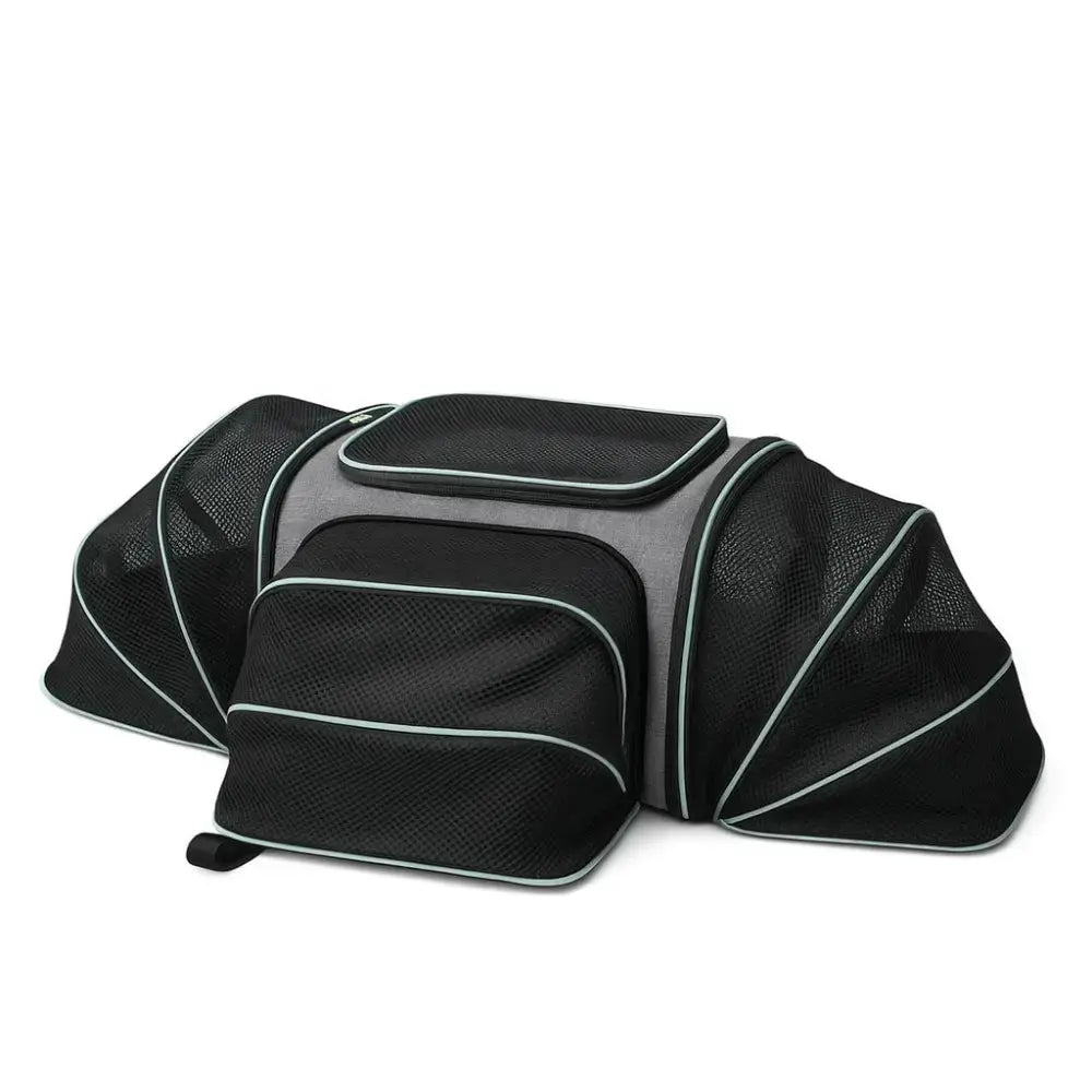 Sac de transport pour chat XXL noir et gris avec 4 ou 2 extensions latérales, maille respirante et design pliable.