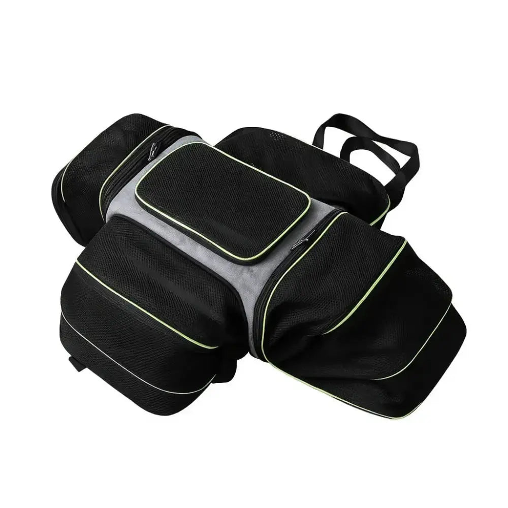 Sac de transport pour chat XXL noir et gris avec 4 ou 2 extensions latérales, ventilation complète et coutures vertes.
