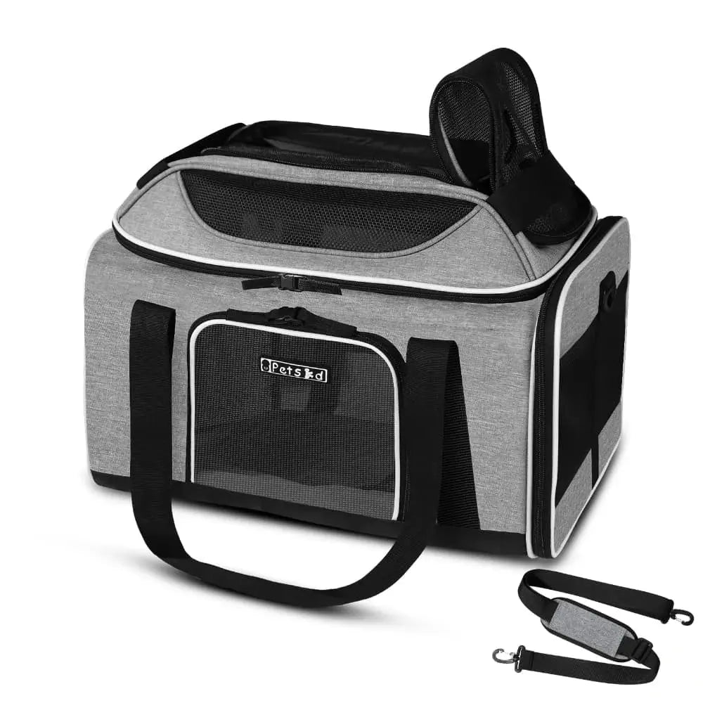 Sac de transport pour chat XXL gris pliable avec ouverture frontale et sangles solides.