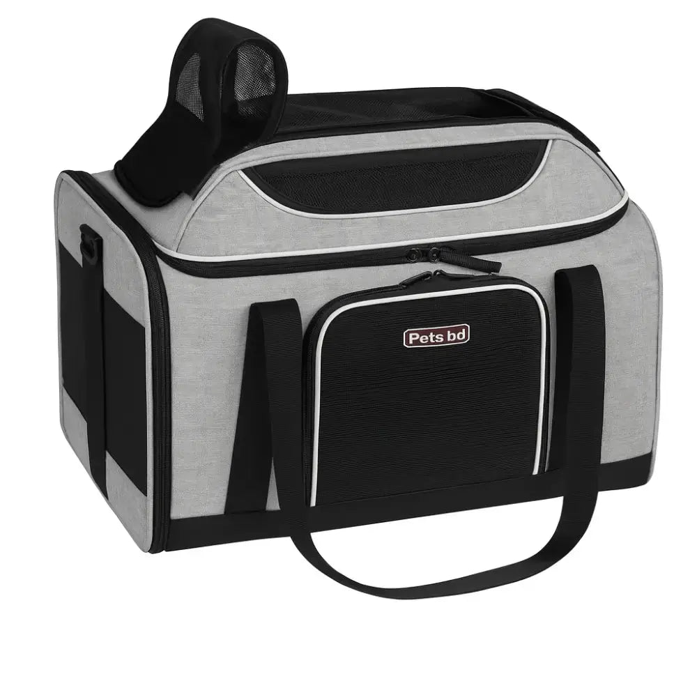 Sac de transport pour chat XXL gris et noir, avec triple ouverture, conçu pour les longs trajets et les grands chats.