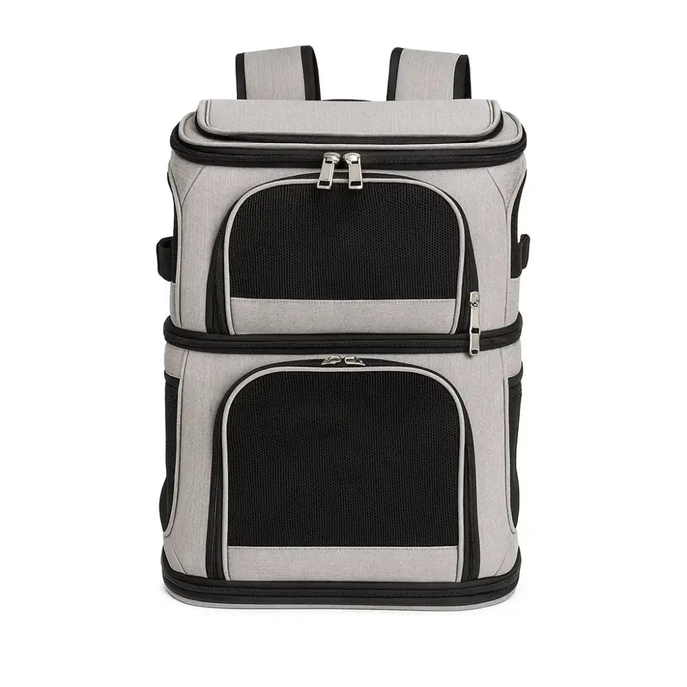 sac de transport pour deux chats gris et noir avec compartiments ventilés et fermetures éclair