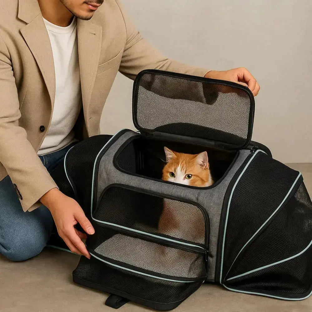 Grand sac de transport XXL pour chat avec ouverture large et filet aéré.