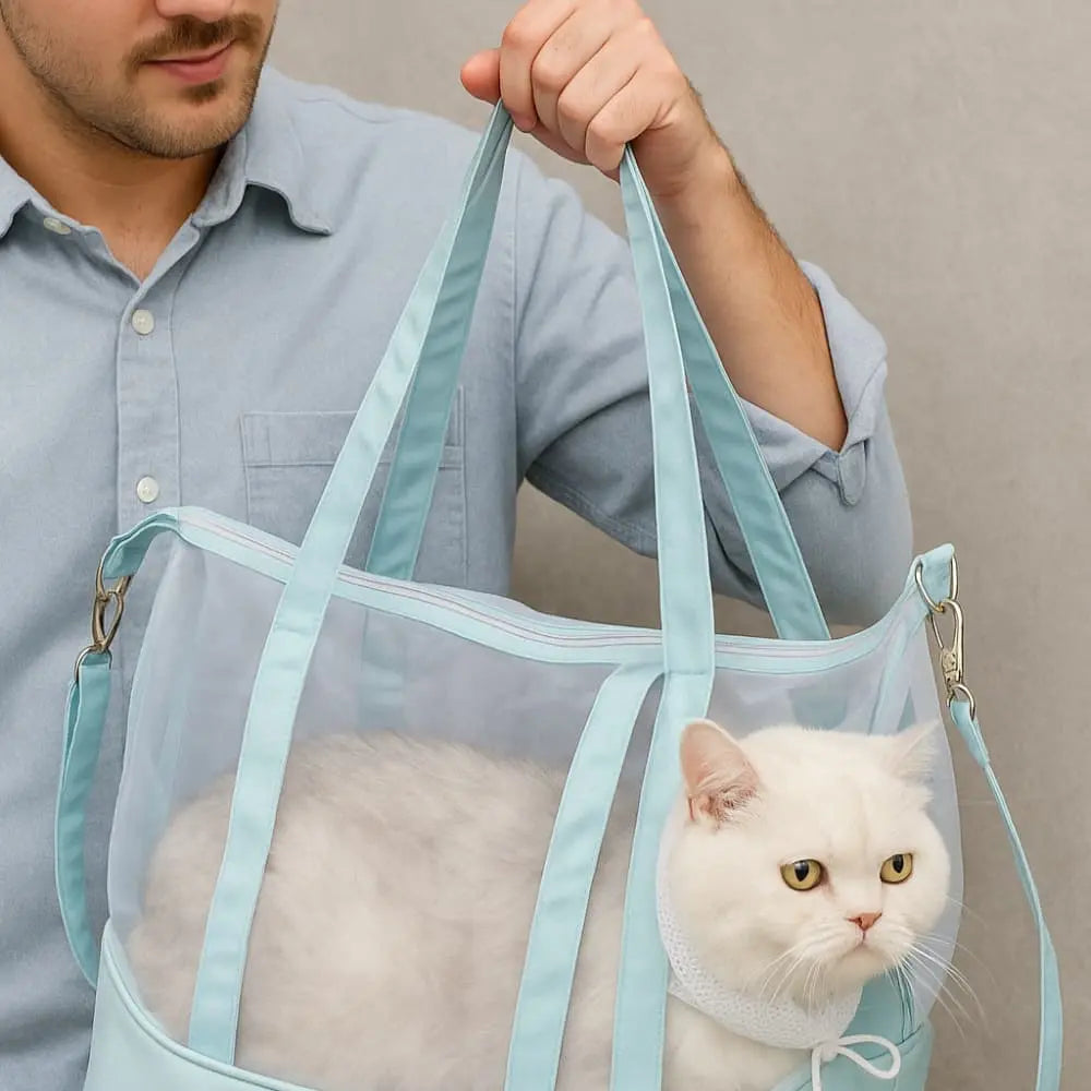 Sac ventral bleu pour chat porté à l’épaule avec bandoulière amovible.