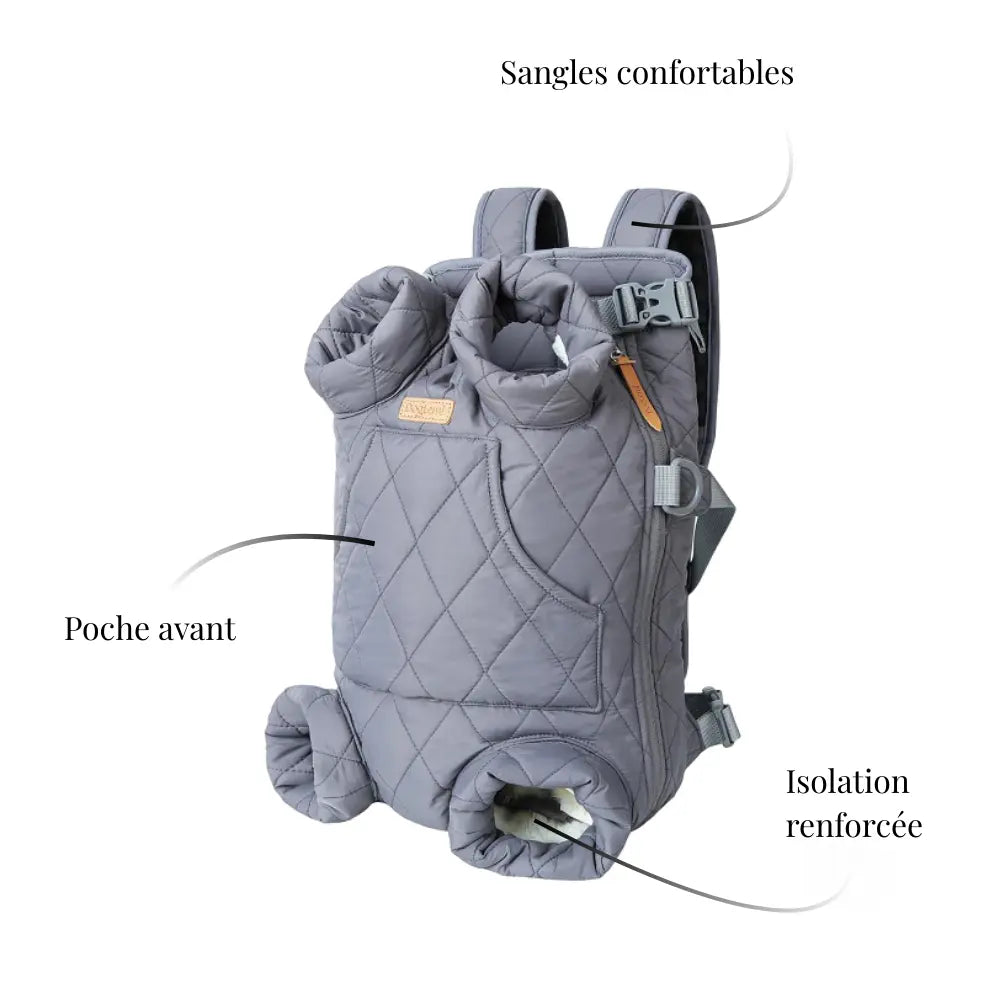Sac ventral de transport pour chat avec sangles confortables, isolation renforcée et poche avant pratique.