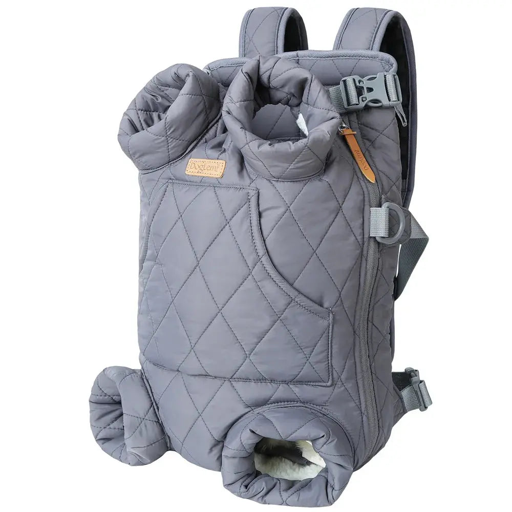Sac ventral matelassé gris pour chat, confortable et chaud pour les sorties hivernales.