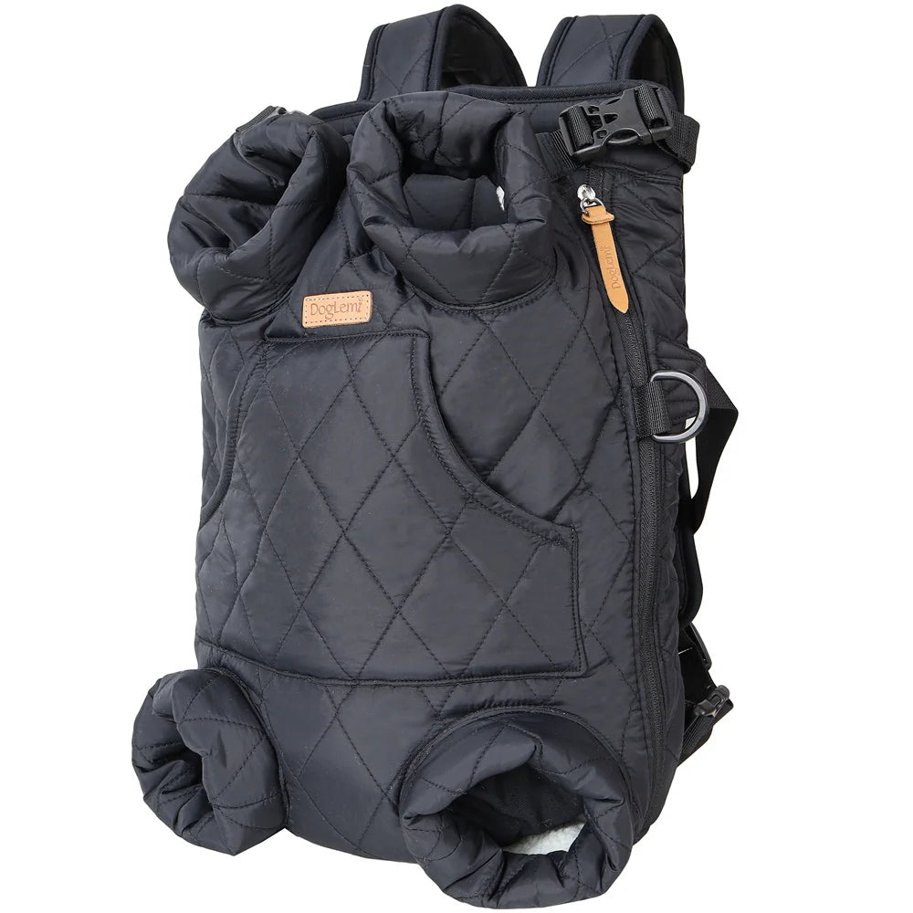 Détails du sac ventral matelassé gris pour chat, avec coutures renforcées et poche frontale.