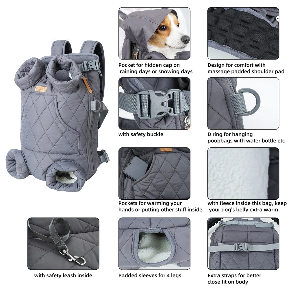 Sac ventral matelassé gris avec intérieur polaire pour chat, transport chaud et confortable.